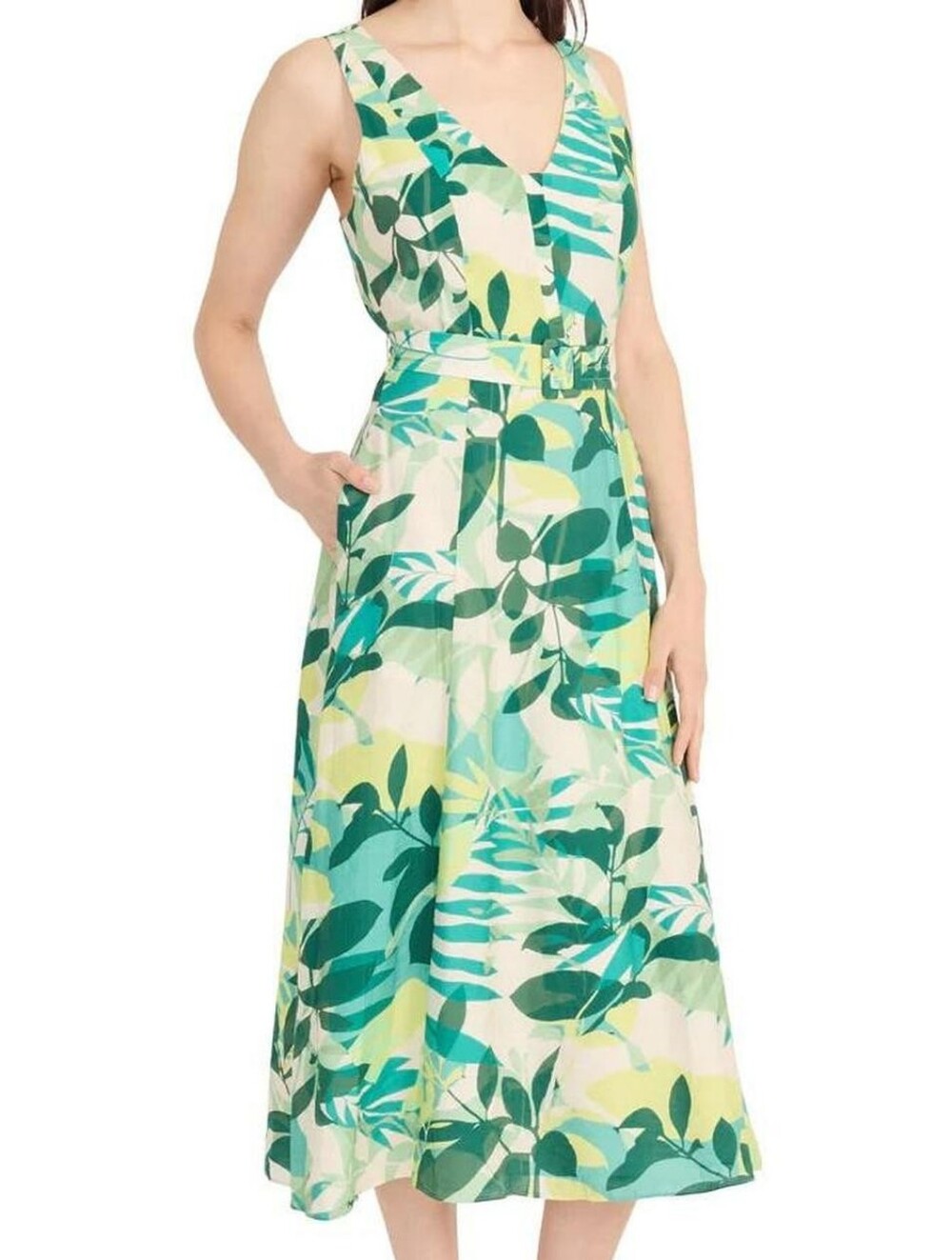 Maggy London Women’s Green & Yellow Palm Leaf Belted V-Neck Midi Dress Size 6 NW
